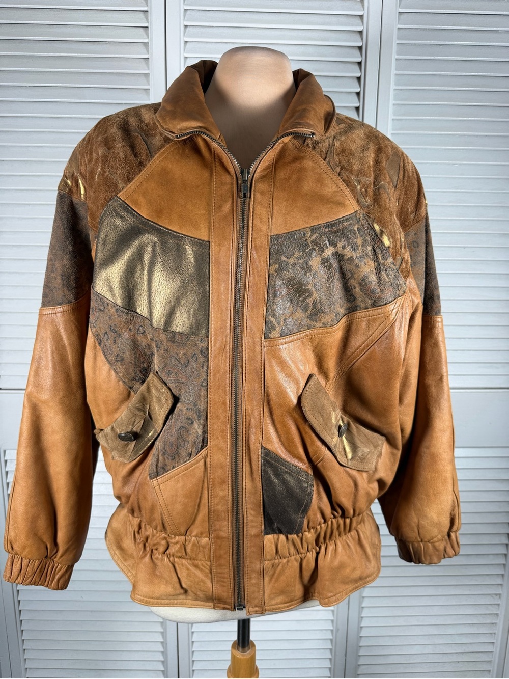 Vintage John Weitz Genuine Leather Patchwork Bomber Jacket Brown Women M